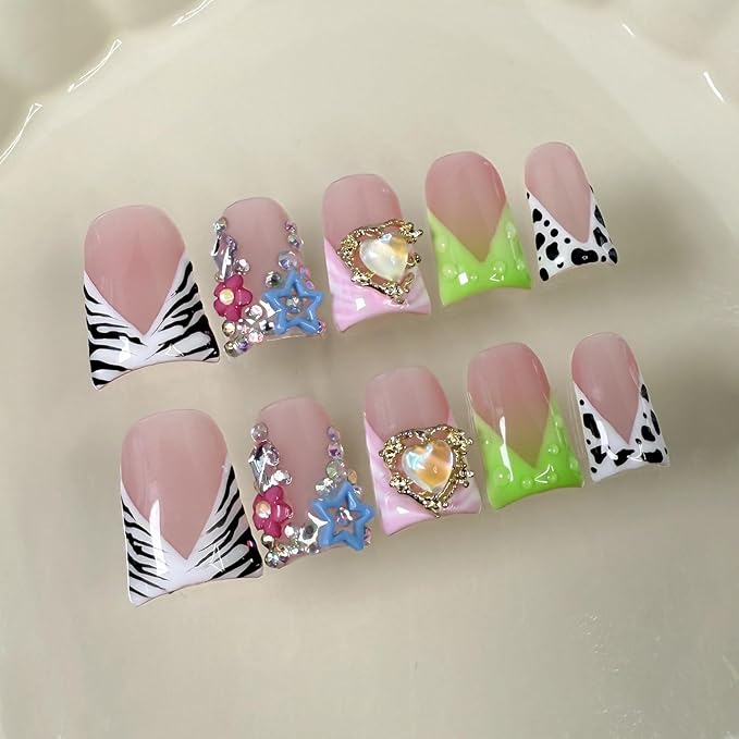 10 Pcs Handmade Press on Nails Medium Duck Fake Nails French Tip 3D Heart Rhinestone Pattern Design False Nails with Glue,3D Flower Full Cover Artificial Acrylic Stick on Nail for Women (Size S)