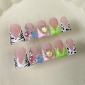 10 Pcs Handmade Press on Nails Medium Duck Fake Nails French Tip 3D Heart Rhinestone Pattern Design False Nails with Glue,3D Flower Full Cover Artificial Acrylic Stick on Nail for Women (Size S)