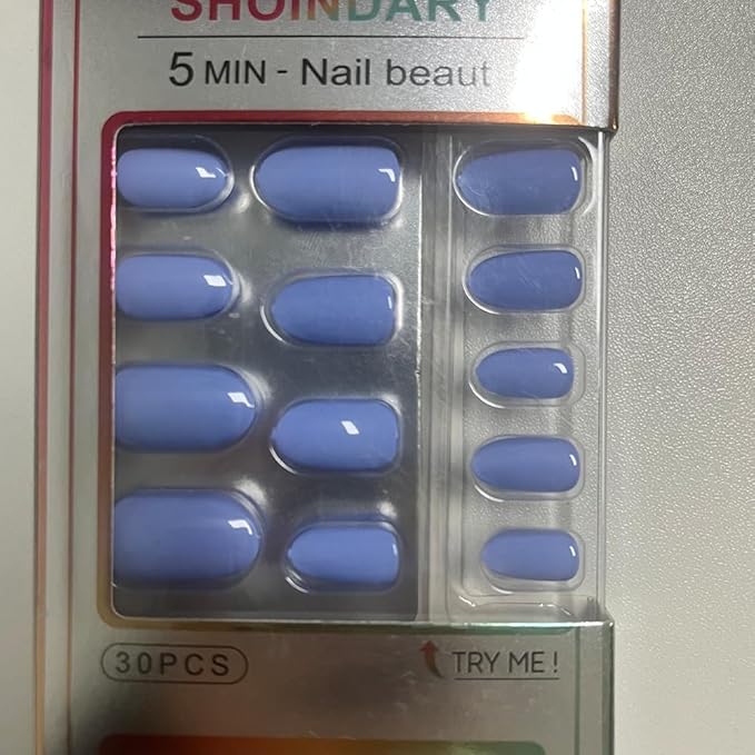 Blue Press On Nails Almond, Medium Light Blue Fake Nails with Nail Glue, Natural Soft Gel Nail Kit, Natural Reusable Glue On Nails in 15 Sizes 30 Fake Nails Kit