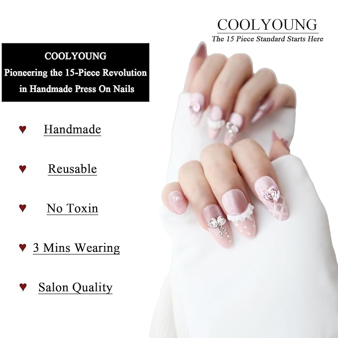 Handmade Nails Medium Pink Almond Press On Nails Press On Women Gifts 3D French Tip Press On Nails Stick On Nails For Women COOLYOUNG 15 PCS, Size S