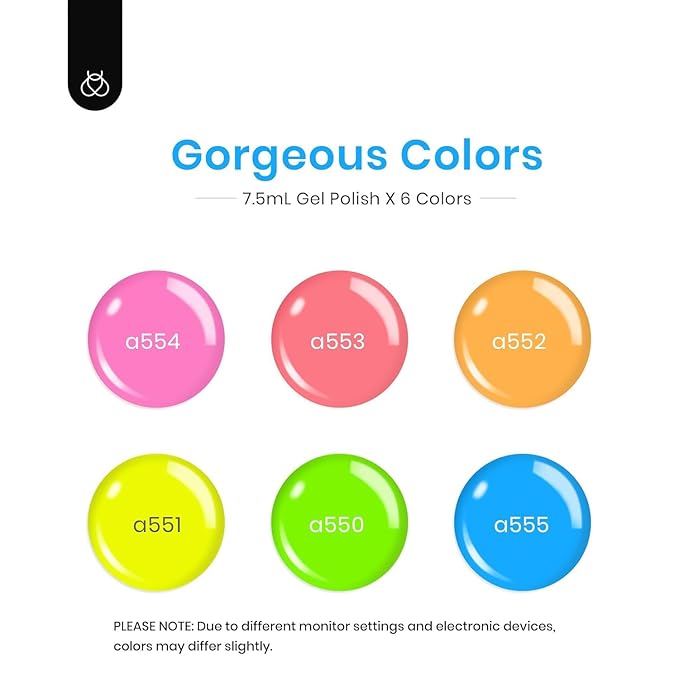 Beetles Valentines Gel Nail Polish Set, Bright Rainbow Collection 6 Colors Hot Pink Blue Yellow Green, Soak Off UV LED Neon Gel Nail Polish Kit Spring Nails - Gift for Women