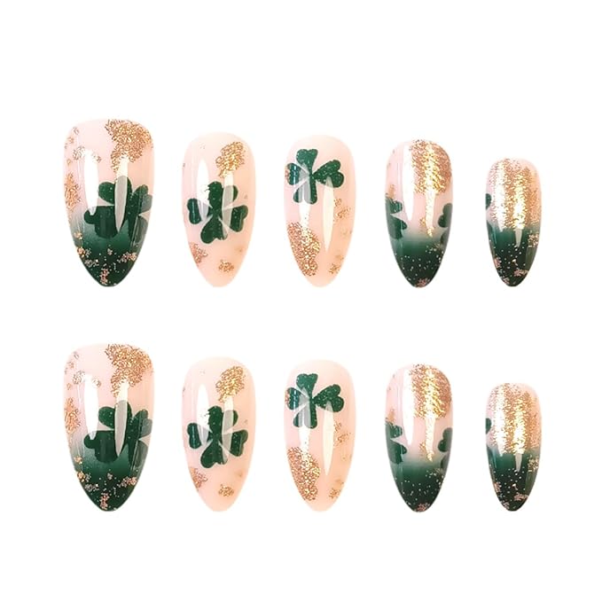 St. Patrick's Day Press on Nails - Short Almond Fake Nails Press ons with Shamrock Designs, Glossy Acrylic Nails Full Cover Glue on Nails for Women Manicure 24Pcs