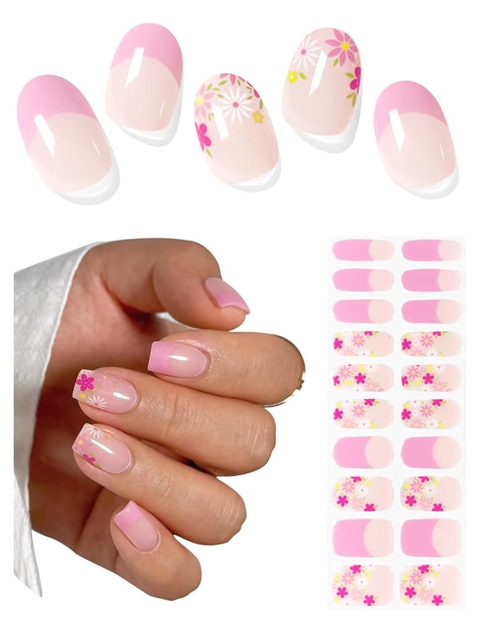 Semi Cured Gel Nail Strips (Pink Flower French), Summer, 20 Pcs Gel Nail Wraps, Stickers, UV Light Required, Salon Quality, Long Lasting