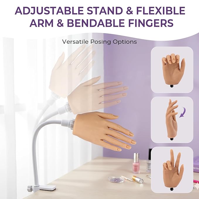 Beginners Practice Hand for Acrylic Nails: Realistic Silicone Nail Hand Practice with Flexible Fingers - Fake Training Hand Mannequin Hand for Nail Techs