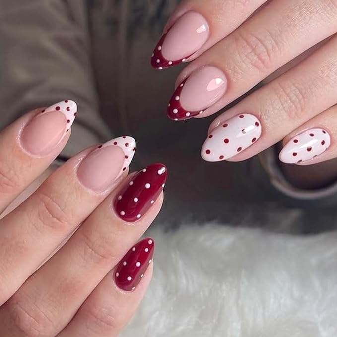 Polka Dot Press on Nails Medium Almond Fake Nails White Red French Nails Press ons with Polka Dots Design,Reusable Artificial Nail Full Cover Stick on Nails for Women Manicure 24Pcs
