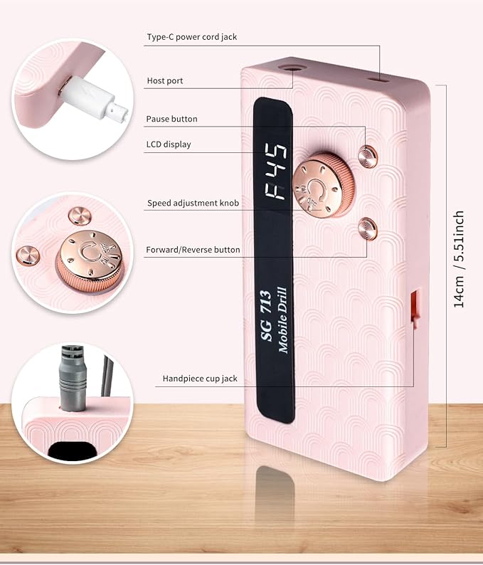 Electric Nail File Professional Kit - Professional 45000RPM Portable Nails Drills Kit with 11 Bits & Base LED Screen Cordless E Filer for Gel Acrylic Nails Remover Home Salon Manicure Pedicure Tools