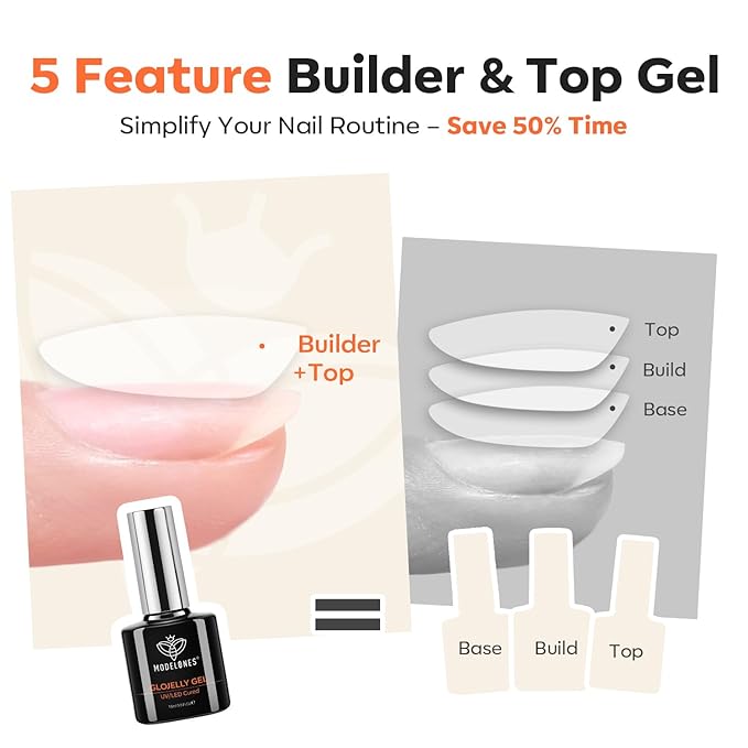 modelones Builder Nail Gel Top Coat 15 ML No Wipe for Cat Eye and Chrome Powder Ultra Gloss Clear Gel Polish Apex Building Nails Strengthener Extension Long Last Soak Off U V Manicure Gift for Women