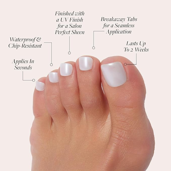 Glamnetic Press On Toenails - Hailey | Soft Pearl White Fake Toe Nails with a Glossy Finish | 16 Sizes - 32 Toe Nail Kit with Glue