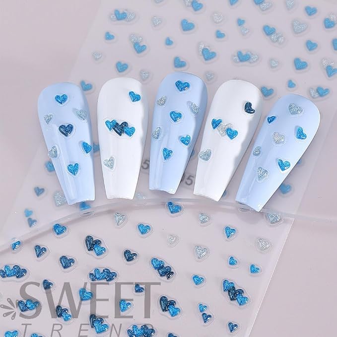 Valentine Day Nail Stickers 5D Embossed Red Hearts Nail Decals Cute Blue Love Nail Designs Multi Kawaii Glitter Nails Supplies Spring Holiday Nails Art Supplies for Women DIY Manicure 4 Sheets