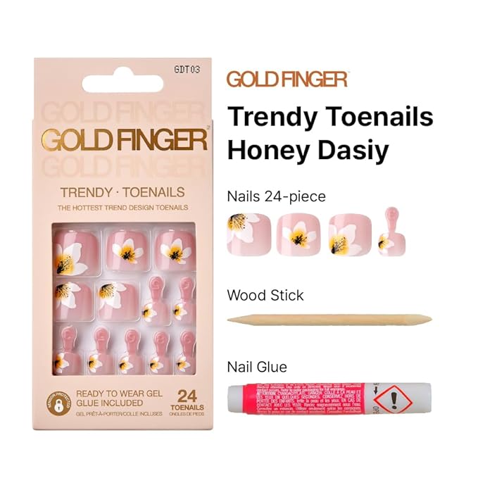 GoldFinger Trendy Press On Fake Toenail Kit, White Flower Pink Color, Ready to Wear Gel & Manicure Stick, Mini Glue included, Long-Lasting Convenient & Easy to Apply