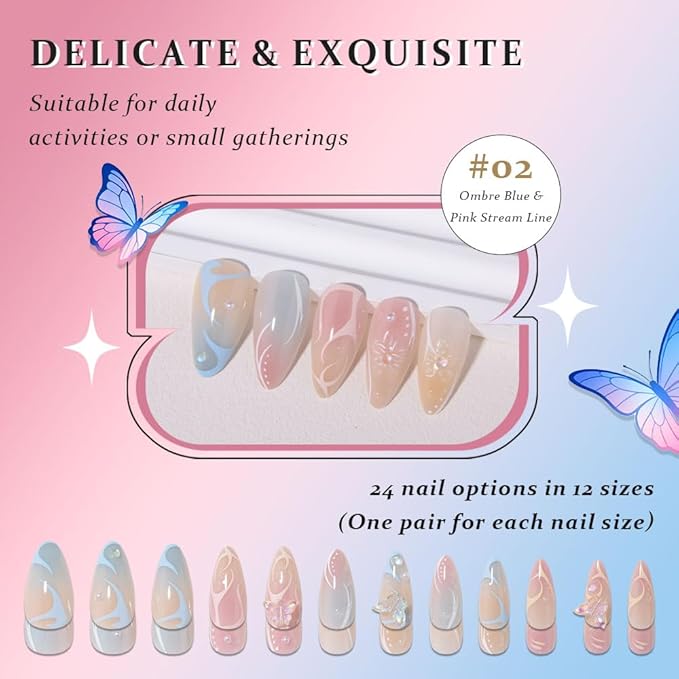 3D Press on Nails Medium Almond with Streamline Floral Design, Nude Pink Blue Ombre Nail Press ons Glossy Stick on Nails for Women Reusable with Kit, Stick on Cute Fake Nail with Designs Perfectly Fit