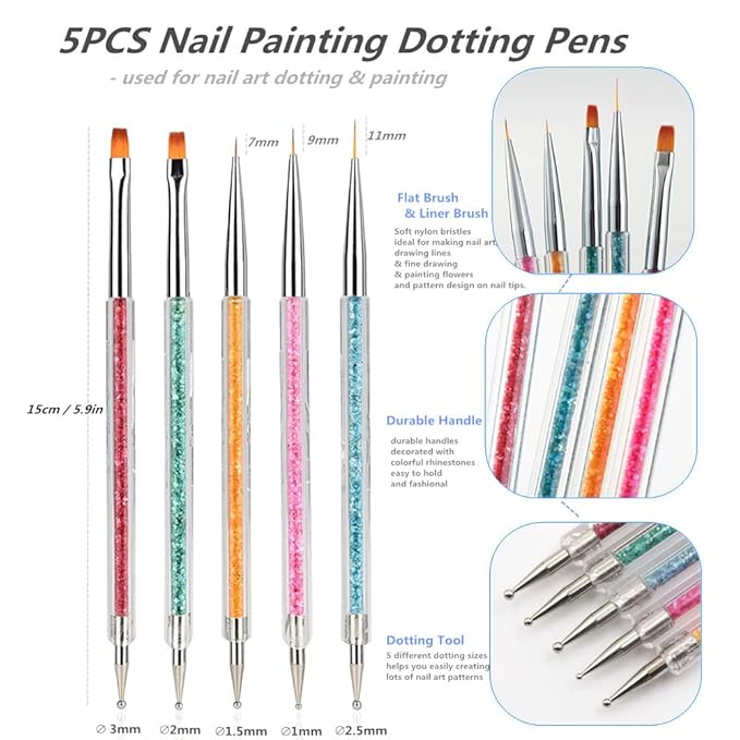 8PCS Nail Art Brushes, Double-Ended Brush and Dotting Tool Kit, Dual End Nail Art Pen Brush Acrylic Round Flat Painting Drawing Liner Nail Tools