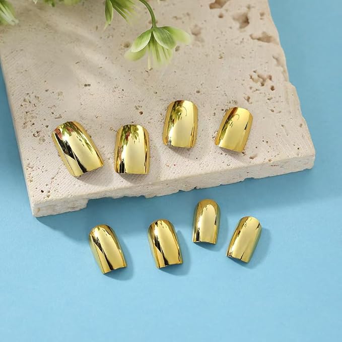 Gold Press on nails Metal Chrome Fake Nails Short Square False Nails Press ons Mirror Golden Acrylic Nails Glossy Luxurious Metal Glue Stick on Nail for Women Manicure 24pcs