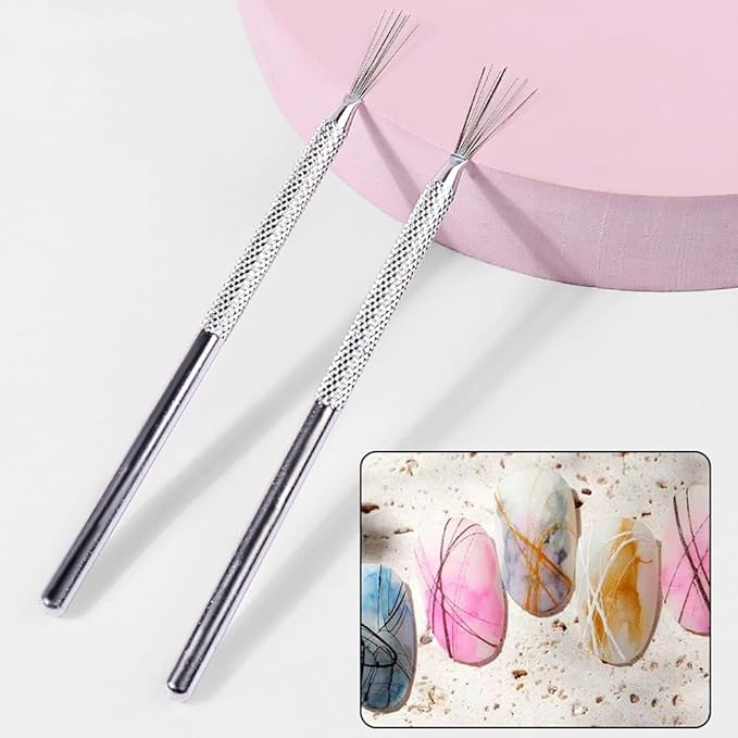 7-pin Nail Liner Nail Art Tools, Stripe Lines Nail Art Pens Stainless Steel Handle Bendable Pins Ultra-thin Line Nail Brush, Spider Gel Manicure Tools Nail Art Line Painting Tool Wire Drawing Pen,2pcs