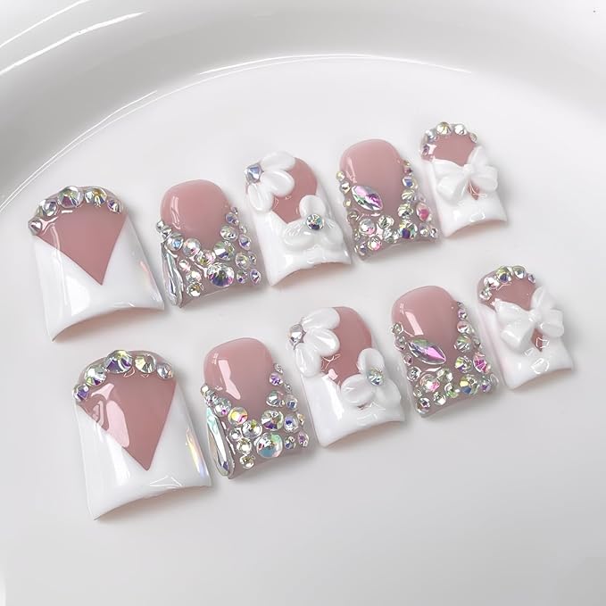 Handmade Press on Nails Rhinestone French Tip Fake Nails Muti-Layer Gel Short Duck False Nail with Luxury 3D White Flower Bow Design Full Cover Thicked Acrylic Nail Stick on Nail for Women (S)