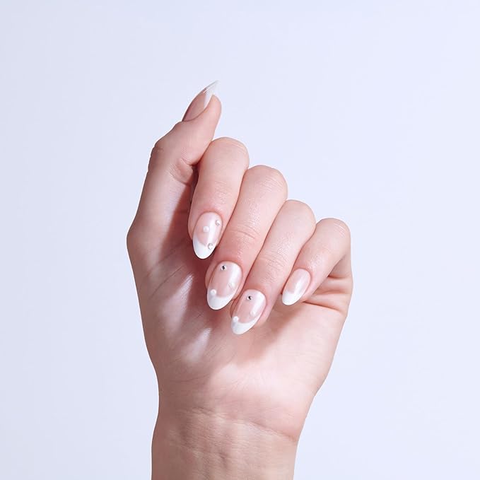 KISS GLAM, Press On Nails, Nail glue included, 'Serendipity Awaits', White, Medium Size, Almond Shape, Includes 32 Nails, 2g Glue, 1 Manicure Stick, 1 Mini File