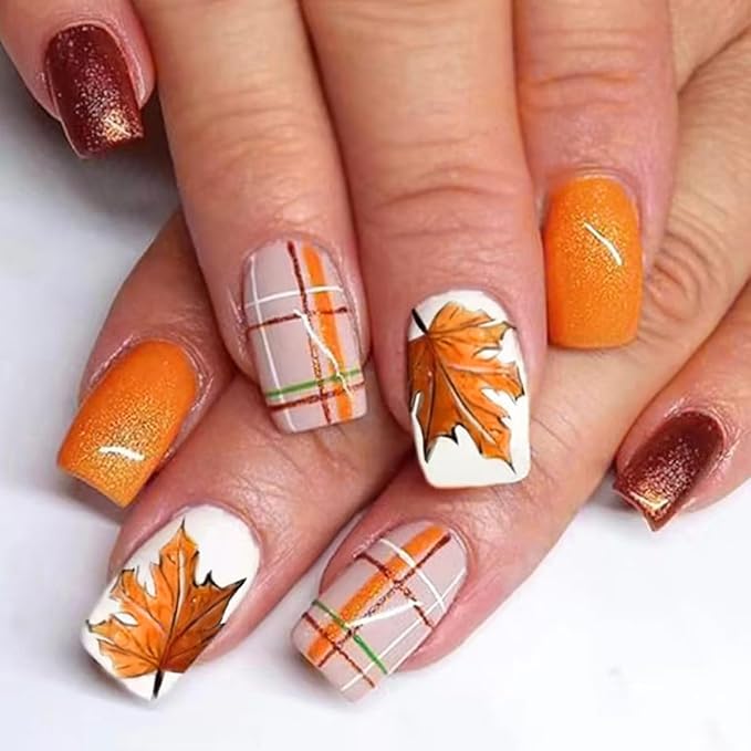 Fall Press on Nails Medium Square,Thanksgiving Fake Nails with Maple Leaf,Plaid Design - Orange False Nail Press ons Reusable Artificial Nails Glossy Full Cover Stick on Nails for Women Manicure 24Pcs