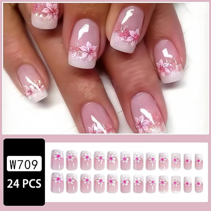 24Pcs French Tip Press on Nails Short Square Fake Nails Pink with Flower Full Cover Tip Glue on Nails Design Artificial Nude Pink False Nails Supplies Stick on Nail Acrylic for Women Nail Art
