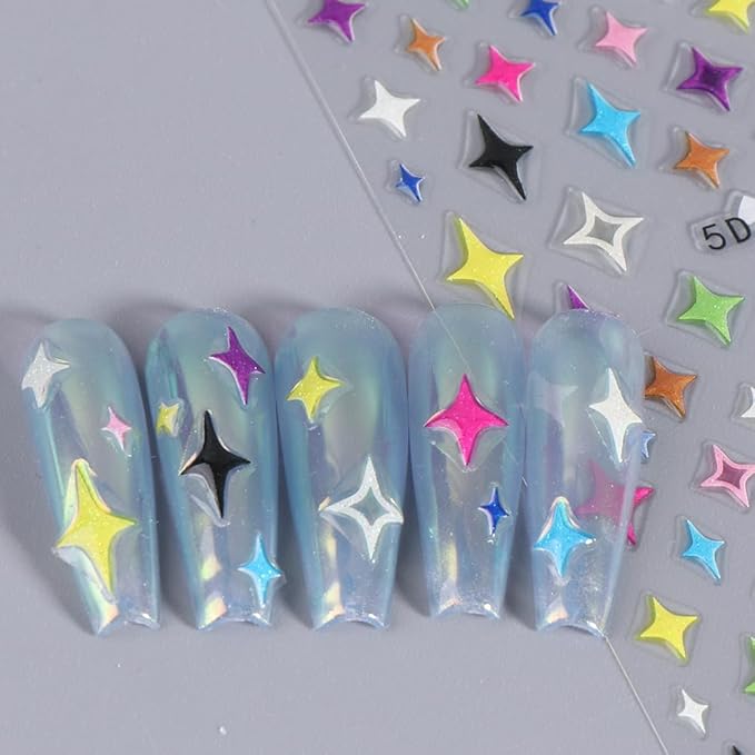 5D Embossed Star Nail Art Stickers Star Nail Decals Self-Adhesive Pegatinas Uñas Colorful Nail Supplies Heart Nail Stickers for Women Girls Manicure 4Sheets…