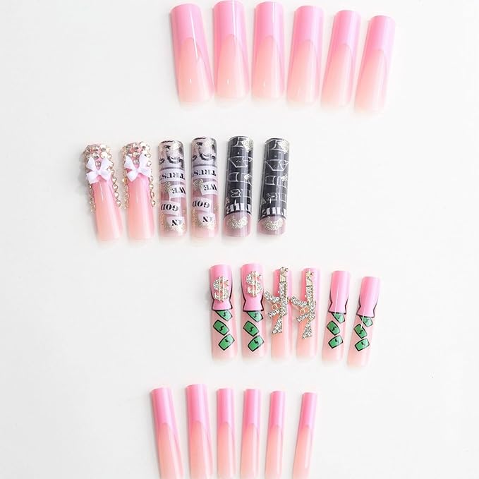 MISUD Press on Nails - Extra Long Square Glue on Nails with French Tip, Acrylic Dollar Money Design 24 pcs
