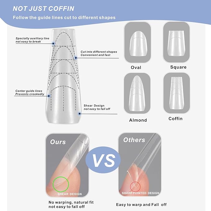 Gel X nail Tips and Glue Gel Kit, 420 Pcs Coffin Nail Tips with Guidelines, Multiple Shape and Length almond Nail Tip Kit Square with Mini UV Nail Lamp, 12 Sizes Fake Nail Tip Kit for Nail Extension