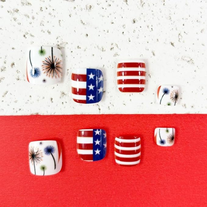4th of July Press on Toenails Short Square Fake Toenails with Dandelion Design Red Blue USA Flag Toenails Striped False Toenail Glossy Summer Independence Day Toenail for Women Manicure 24Pcs