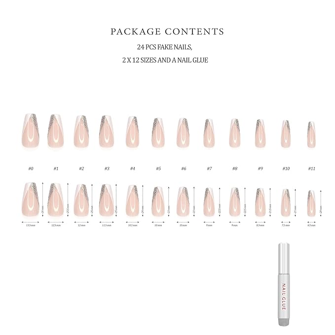 Hypnaughty 24 Pcs Modern Glittery French Luxury Coffin Press On Nails with Holographic Glitter Design and Glue Medium Long False Nails with White and Silver Tips (Modern Glittery French)