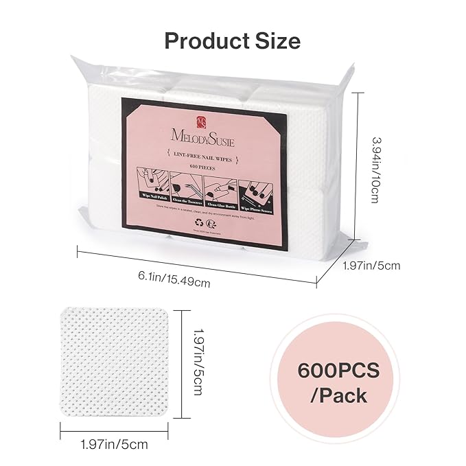 MelodySusie 600Pcs Lint Free Nail White Wipes Super Absorbent Soft Non-Woven for Fingernail Polish Remover and Eyelash Extension Wipes for Nail Art