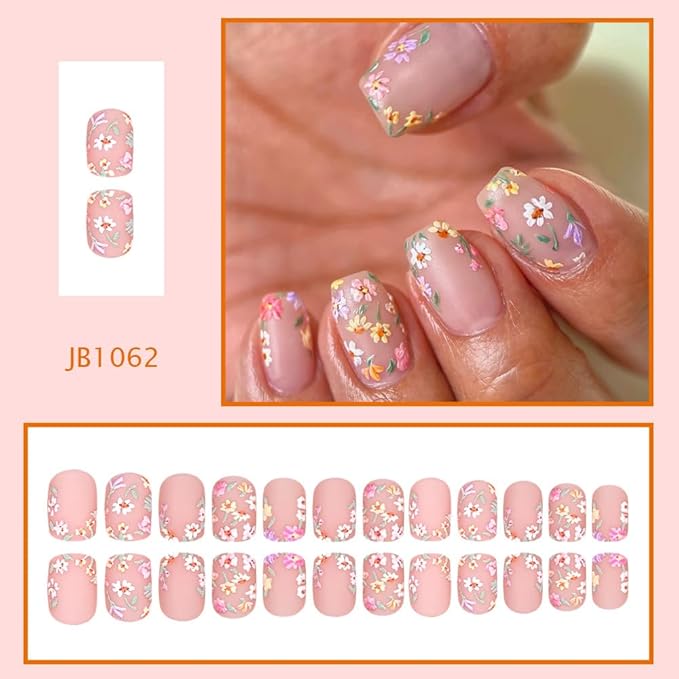 Short Press on Nails Daisy Flower Fake Nail Matter Glue on Nails Square Floral False Nail Spring Full Cover Stick on Nails Artificial Reusable Acrylic Nail for Women 24Pcs