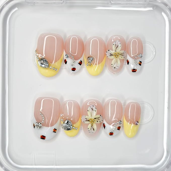 Luxury Press on Nails Medium Almond Handmade 3D Unique Reusable ABS Material Fake Nails French Tip False Nails with Designs Rhinestones Floral Art Petal Glossy Glue on Nails Thick Acrylic Nails(S)