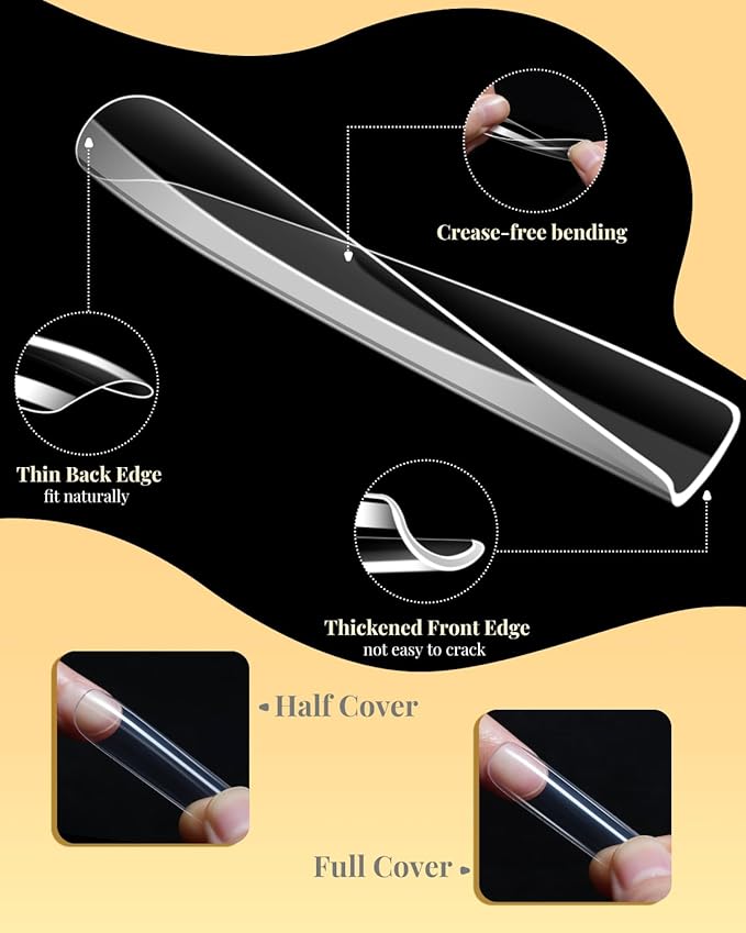 MORGLES Extra Long Tapered Square Nail Tips, 240 Pcs 3XL Full Cover Fake Tips Clear Nail Kit with Glue, Clipper, Files and Cuticle Fork for Acrylic Home DIY with Box