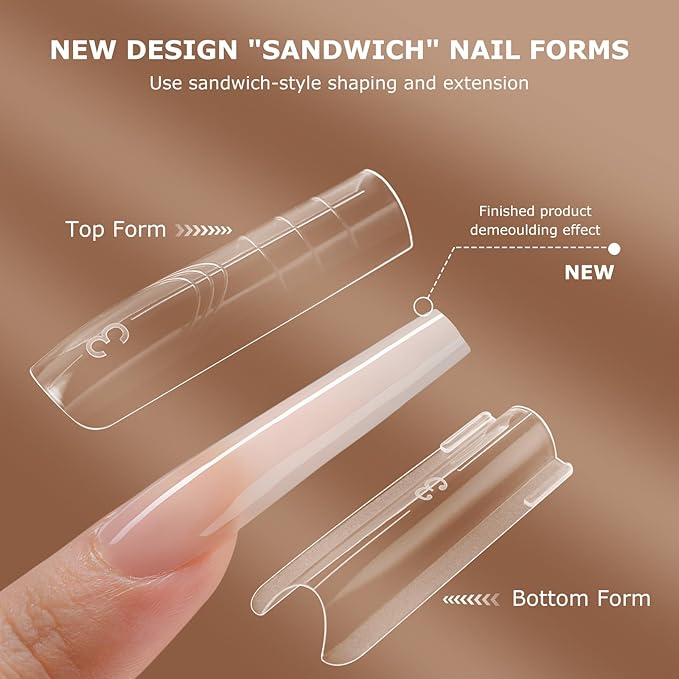 Sandwich Nails Dual Forms,280Pcs Long Square Reusable Nail Extension Forms with Silicone Polygel Stick,Easy Demolding & Intuitive Operation for DIY & Professional Use