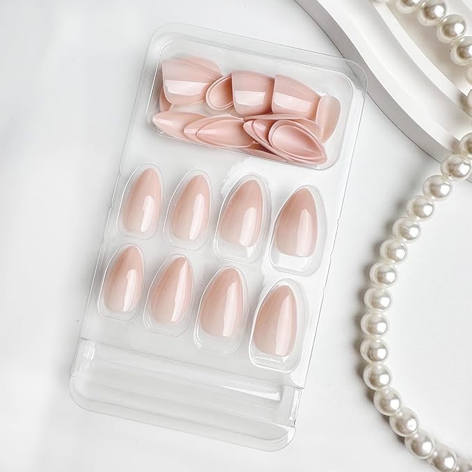 Press on Nails Short Almond Fake Nails Nude Pink False Nails Acrylic Glossy Full Cover Glue on Nails Press ons Cute Artificial Stick on Nails for Women Manicure 24 Pcs
