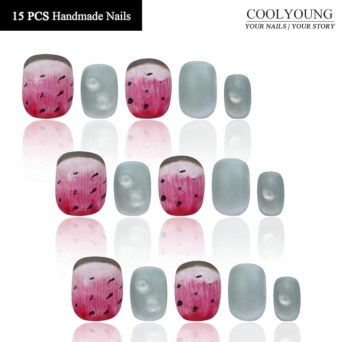 Handmade Acrylic Press On Nails Summer Vacation Nails Short Square Press On Nails Pink Women Gifts COOLYOUNG False Nails, 15 PCS, Size L