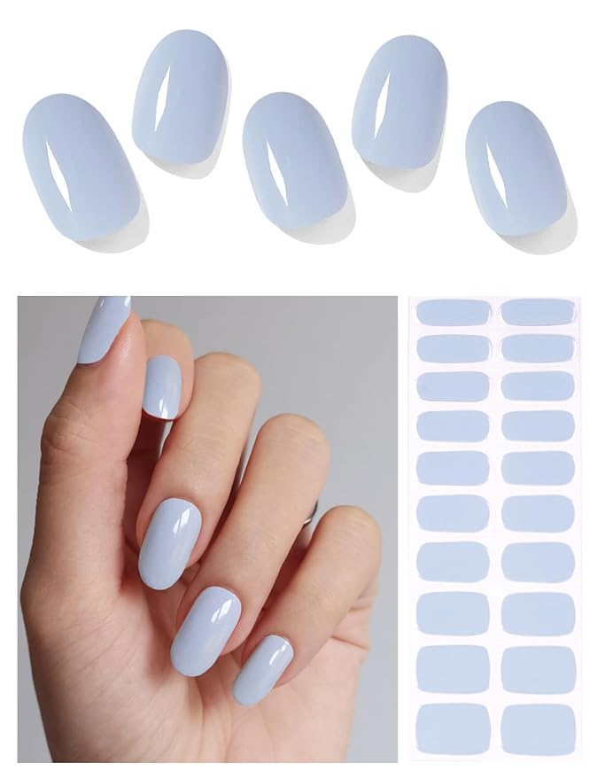 Semi Cured Gel Nail Strips (Baby Blue), 20 Pcs Gel Nail Wraps, Stickers, UV Light Required, Salon Quality, Long Lasting
