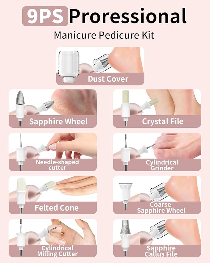 Cordless Electric Nail File Set, Rechargeable Pedicure Tools for feet, Professional Manicure Pedicure Kit 5 Speeds Hand Foot Care Nail Drill for Thick Nail Toenail Cuticle Women Men Pets