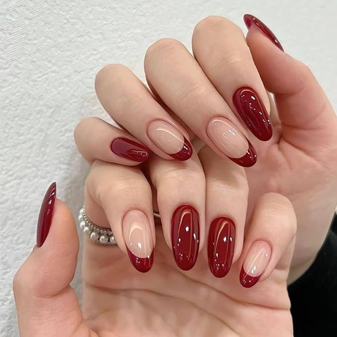 Red Press on Nails Almond - Medium French Tip Fake Nails - Glossy Full Cover Stick on False Nails - for Women Winter Manicure 30 Pcs