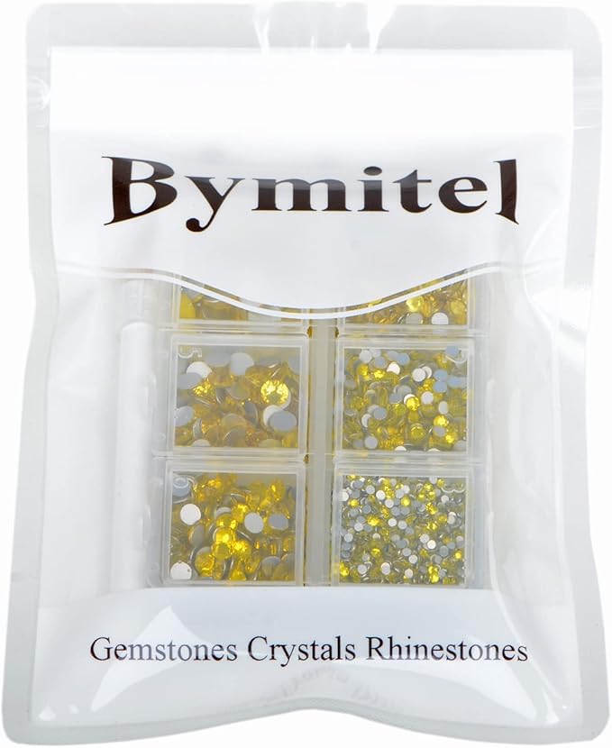 Bymitel 5000 Pieces 6 Mixed Sizes Glue Fix on Glass Rhinestones Round Crystal Gems Flatback for DIY Jewelry Making with one Picking Pen (6-Sizes 5000PCS, Citrine)