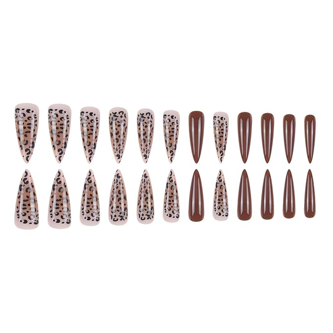 24 Pcs Stiletto Press on Nails Long Fake Nails with Leopard Print Designs Natural Reusable Brown Acrylic Nails Brown Leopard Print Artificial Nails Ombre Full Cover Stick on Nails for Women Manicure