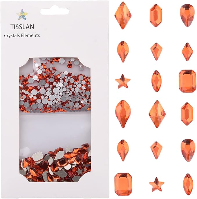 820pcs Orange Crystal Flatback Glass Mix Size Shape Nail Stones 3D Nail Decoration Rhinestone Charms Handmade DIY Craft Jewels Accessory Supply