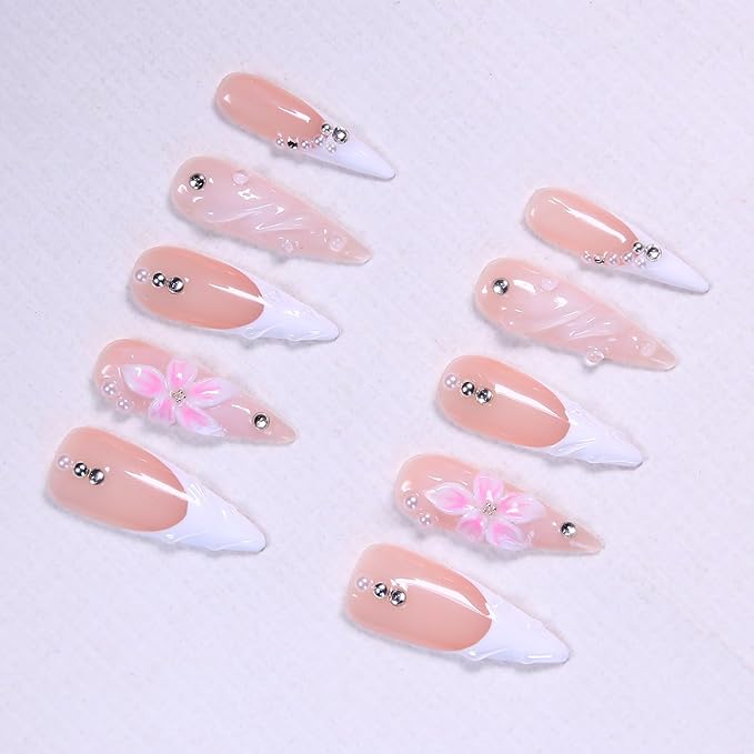 Press On Nails - Handmade 3D False Nails Long Stiletto 10 Pcs Reusable ABS Material Finger Painting Nail Tip French Salon Design Artificial Fingernail for Women (Size S）