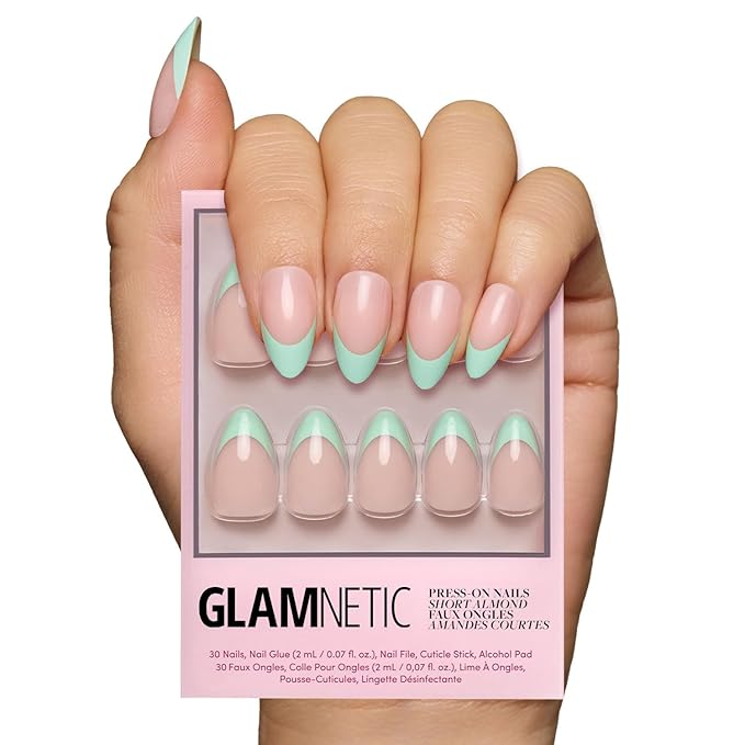 Glamnetic Press On Nails - Pistachio Crème | Short Almond Fake Nails with Mint Blue French Tips and Glossy Finish, Salon Quality | 15 Sizes - 30 Nail Kit with Glue