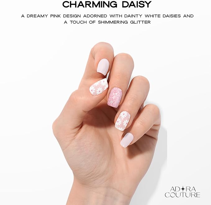 Semi Cured Gel Nail Strips with 30 Pieces - Salon Quality Manicure Kit for Women Easy Application Wraps Includes Prep Pads Nail File Wooden Stick, UV Light Required (Charming Daisy)