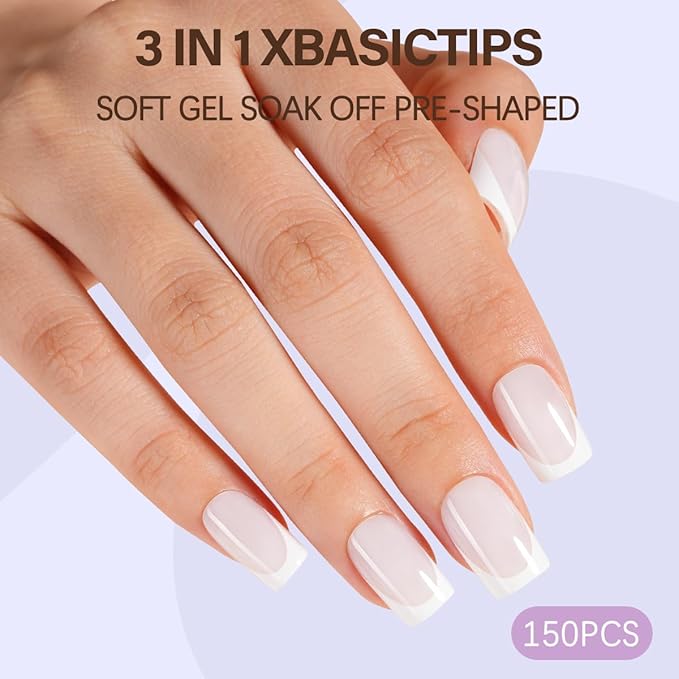 Misssixnails White French Gel Nail Tips, 150Pcs Soft Gel French Tip Press on Nails, Short Square Pre-shaped False Nails, No Need to File Fake Nails for Nail Art DIY