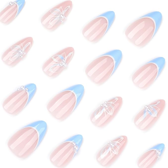 Short Almond Press on Nails French Fake Nails Blue False Nails with Floral and Pearl Designs Cute Artificial Nails Sparkly Handmade NailsFull Cover Stick on Nails for Women 24pcs
