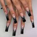 Long Press on Nails Square French Fake Nails Full Cover Nude Acrylic False Nails for Women and Girls 24PCS (Black Coffin)