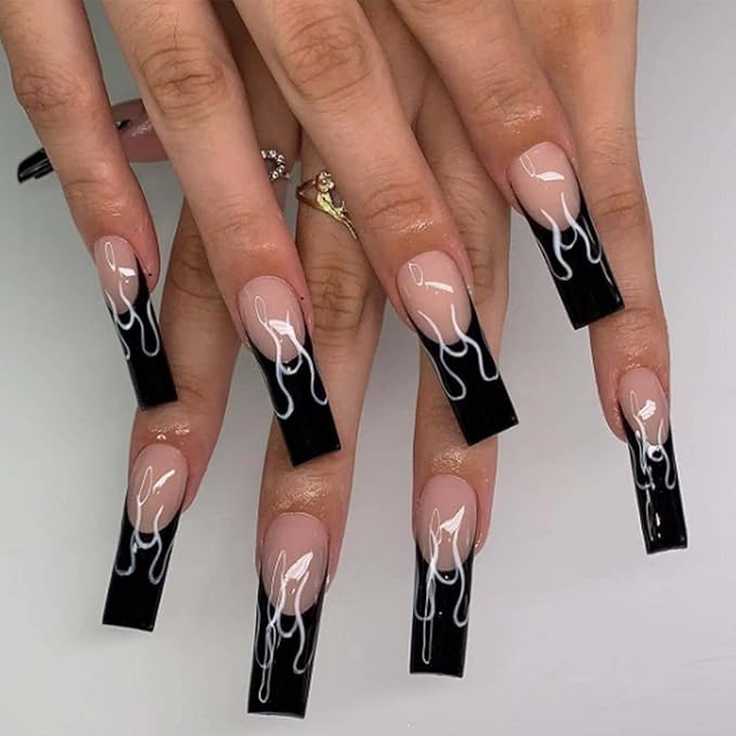 Long Press on Nails Square French Fake Nails Full Cover Nude Acrylic False Nails for Women and Girls 24PCS (Black Coffin)