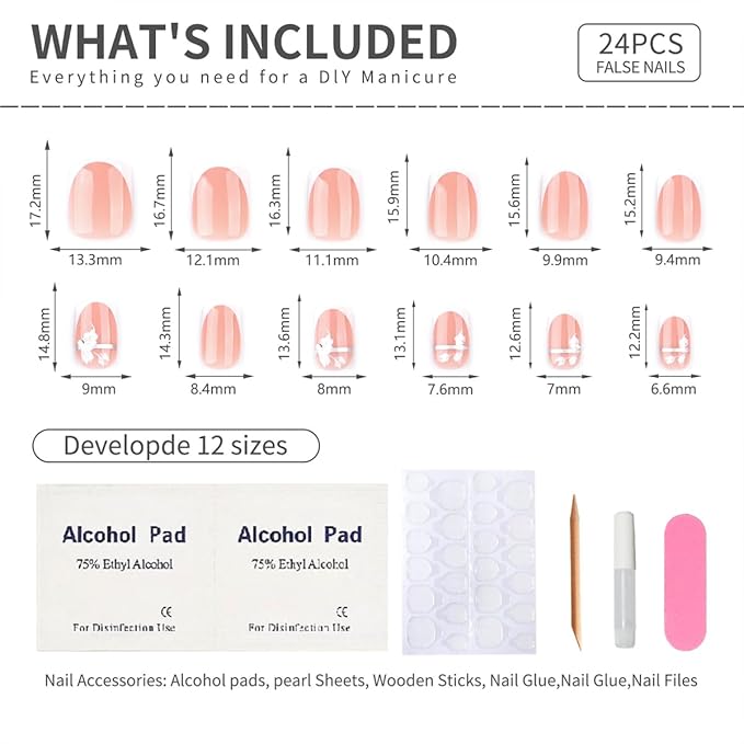 Fall Short Press On Nails Square Nude Fake Nails with White French Tips Delicately Adorned with White Flower Silver lines Fake Nails Gel Stick On Nails Set Glue on Nails for Women, 24Pcs