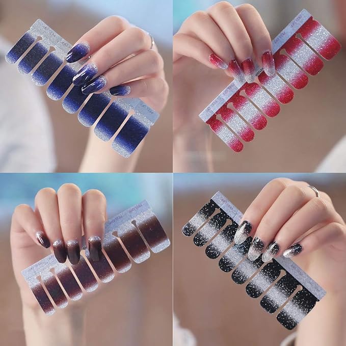 WOKOTO 16 Sheets Gradient Adhesive Nail Polish Decals Strips with 1Pc Nail File Glitter Nail Art Stickers Wraps Manicure Accessories