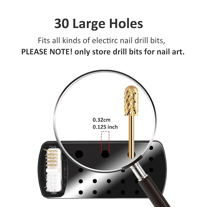 Large 2 in 1 Nail Drill Bits Holder with Nail Drill Bits Cleanser, 30 Holes Dustproof Drill Bits Stand Displayer Organizer Container Manicure Tools - Black